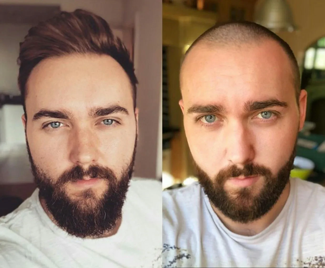 Man with shaved head and beard, different styles
